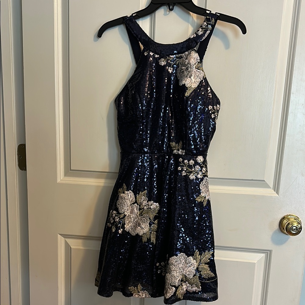 Honey and Rosie Blue and Green Sequin Halter Cocktail Dress